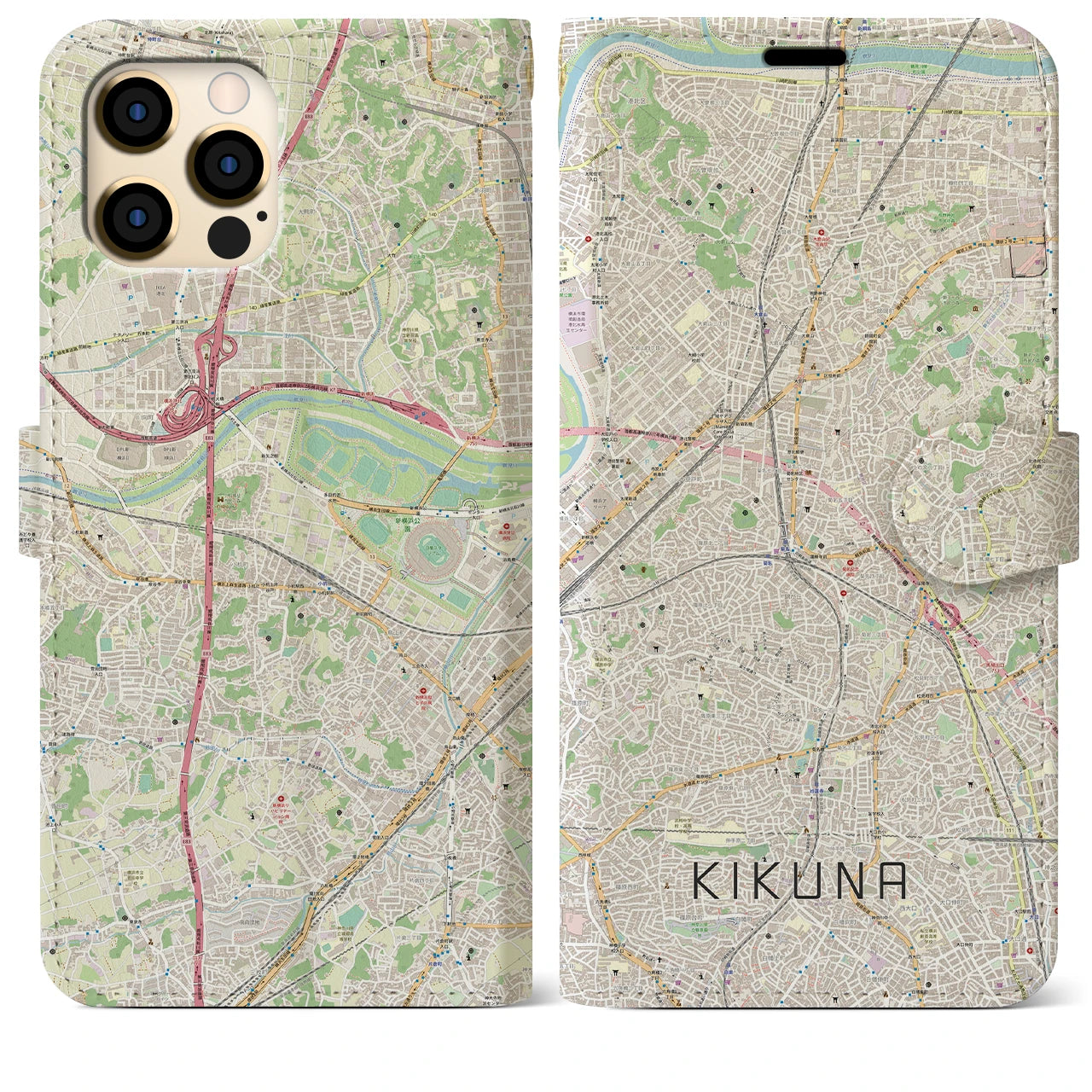 【菊名(神奈川県)】地図柄iPhoneケース(手帳タイプ)ナチュラル・iPhone 12 Pro Max 用