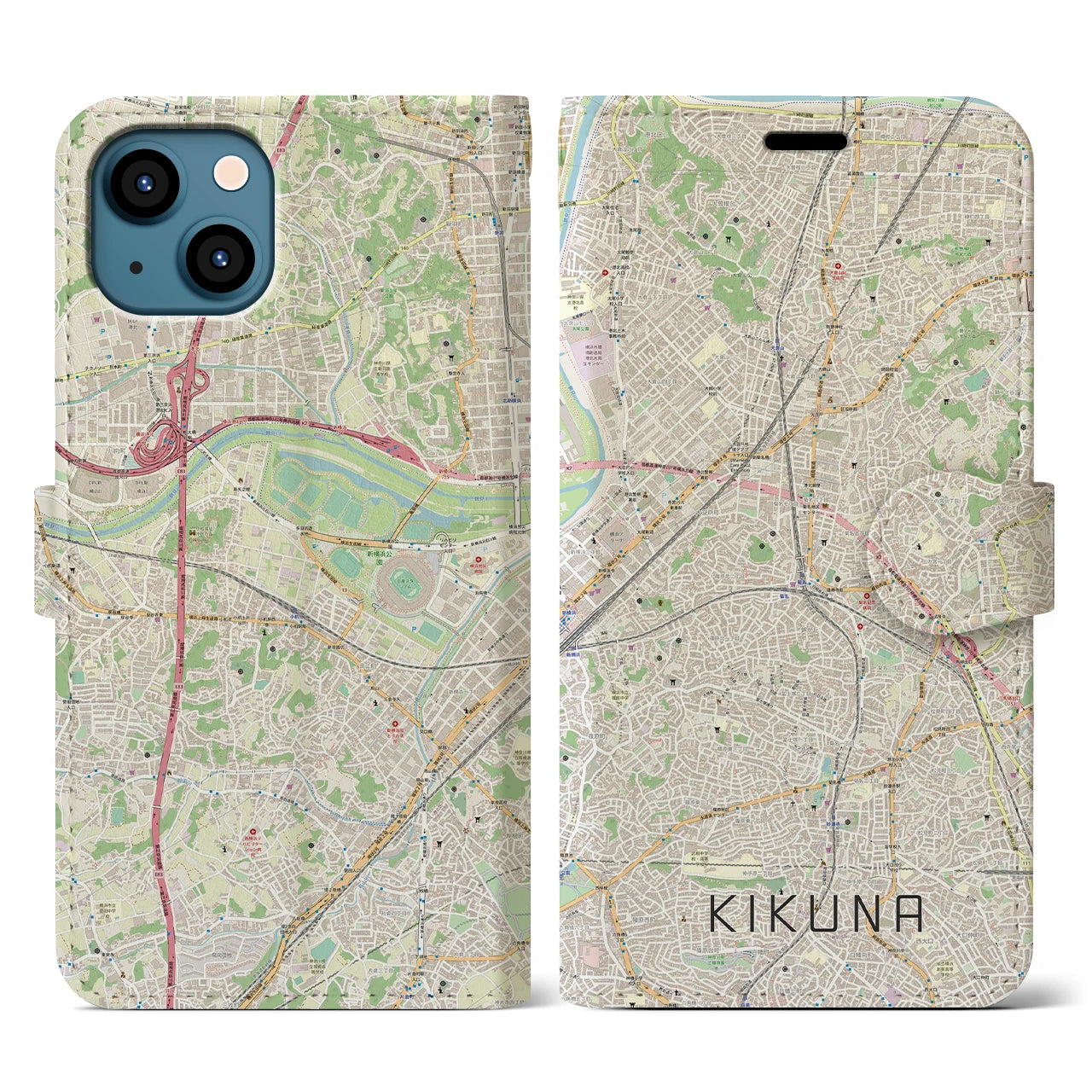 【菊名(神奈川県)】地図柄iPhoneケース(手帳タイプ)ナチュラル・iPhone 13 用