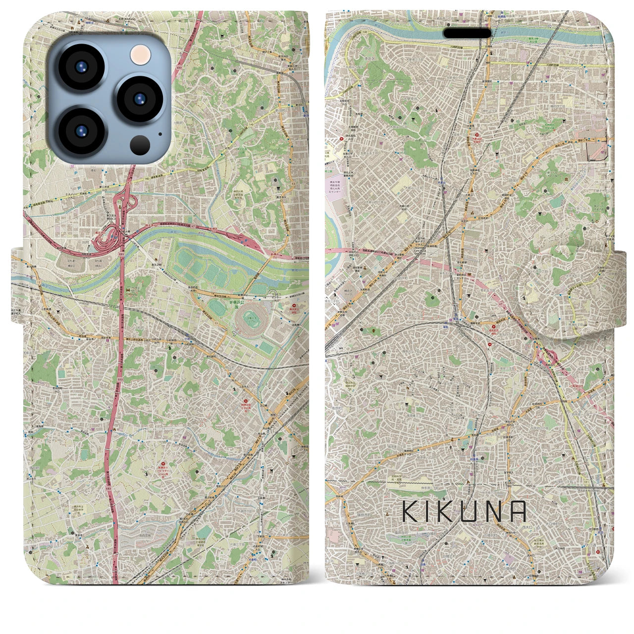 【菊名(神奈川県)】地図柄iPhoneケース(手帳タイプ)ナチュラル・iPhone 13 Pro Max 用