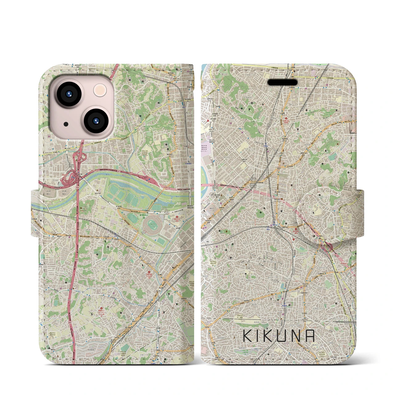 【菊名(神奈川県)】地図柄iPhoneケース(手帳タイプ)ナチュラル・iPhone 13 mini 用
