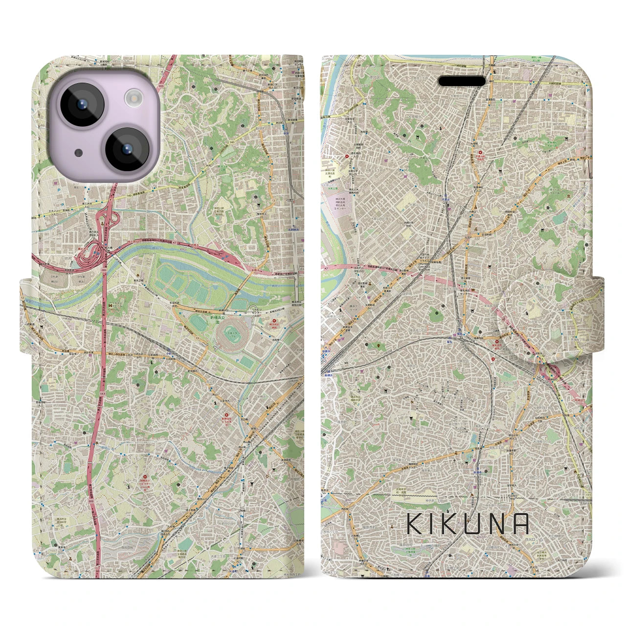 【菊名(神奈川県)】地図柄iPhoneケース(手帳タイプ)ナチュラル・iPhone 14 用