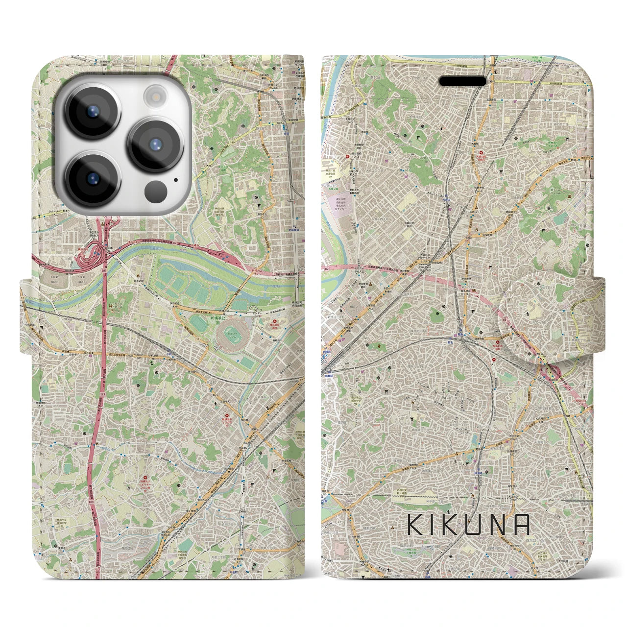 【菊名(神奈川県)】地図柄iPhoneケース(手帳タイプ)ナチュラル・iPhone 14 Pro 用