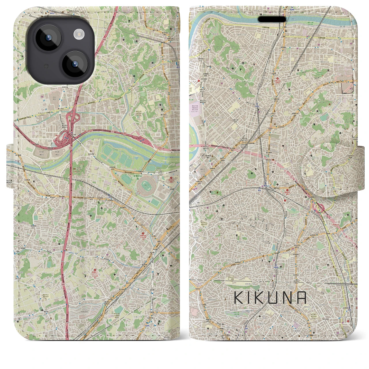 【菊名(神奈川県)】地図柄iPhoneケース(手帳タイプ)ナチュラル・iPhone 14 Plus 用