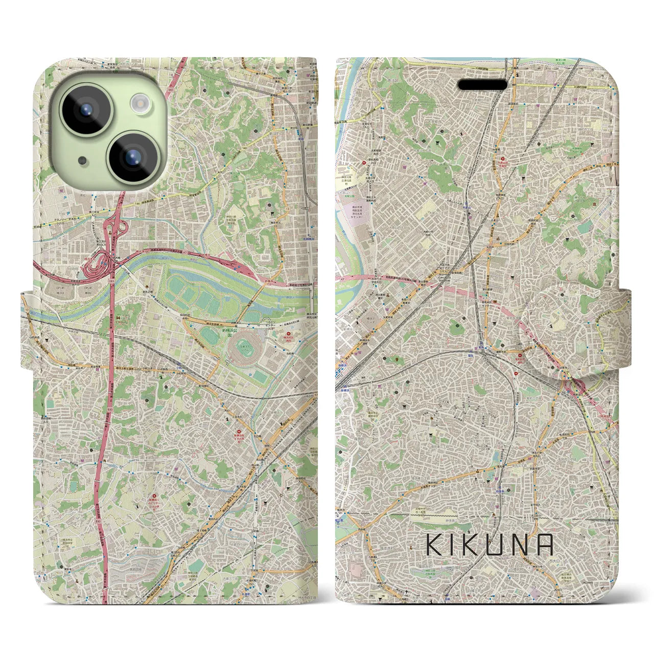 【菊名(神奈川県)】地図柄iPhoneケース(手帳タイプ)ナチュラル・iPhone 15 用