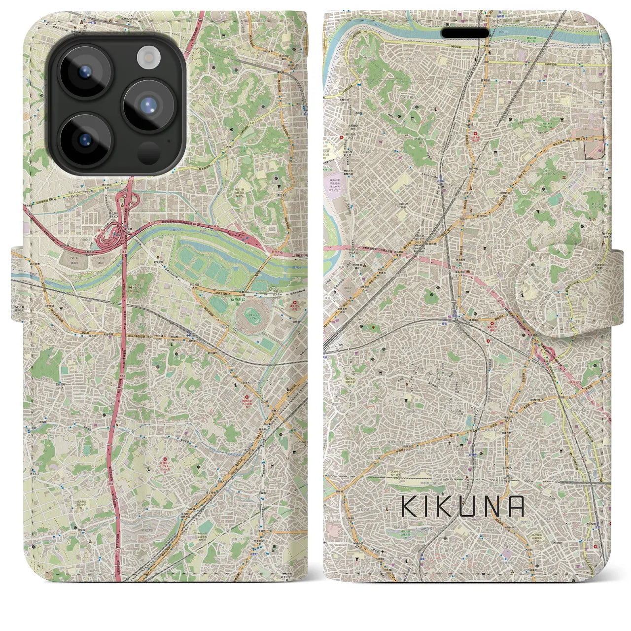 【菊名(神奈川県)】地図柄iPhoneケース(手帳タイプ)ナチュラル・iPhone 15 Pro Max 用