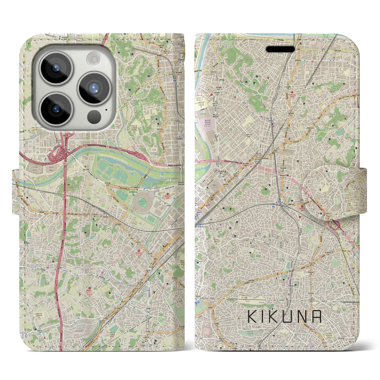 【菊名(神奈川県)】地図柄iPhoneケース(手帳タイプ)ナチュラル・iPhone 15 Pro 用