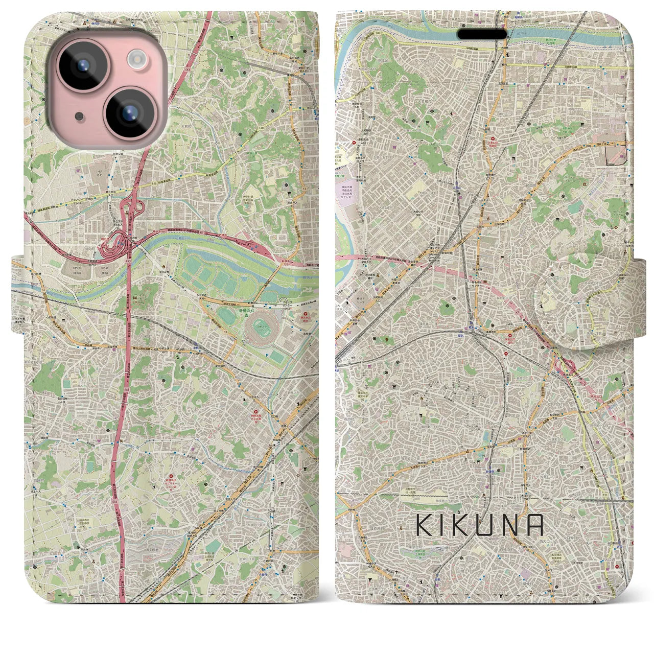 【菊名(神奈川県)】地図柄iPhoneケース(手帳タイプ)ナチュラル・iPhone 15 Plus 用