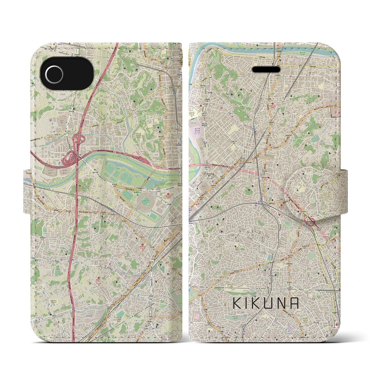 【菊名(神奈川県)】地図柄iPhoneケース(手帳タイプ)ナチュラル・iPhone SE(第3 / 第2世代) / 8 / 7 / 6s / 6 用
