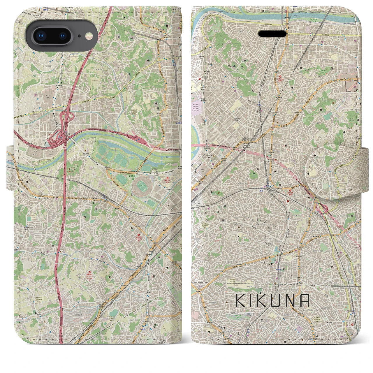 【菊名(神奈川県)】地図柄iPhoneケース(手帳タイプ)ナチュラル・iPhone 8Plus /7Plus / 6sPlus / 6Plus 用