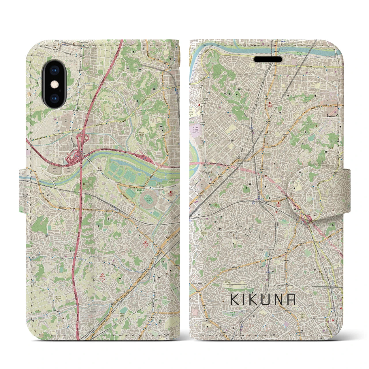【菊名(神奈川県)】地図柄iPhoneケース(手帳タイプ)ナチュラル・iPhone XS / X 用