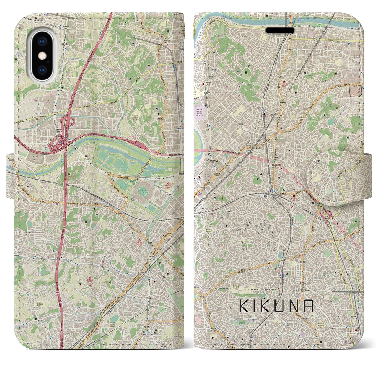 【菊名(神奈川県)】地図柄iPhoneケース(手帳タイプ)ナチュラル・iPhone XS Max 用