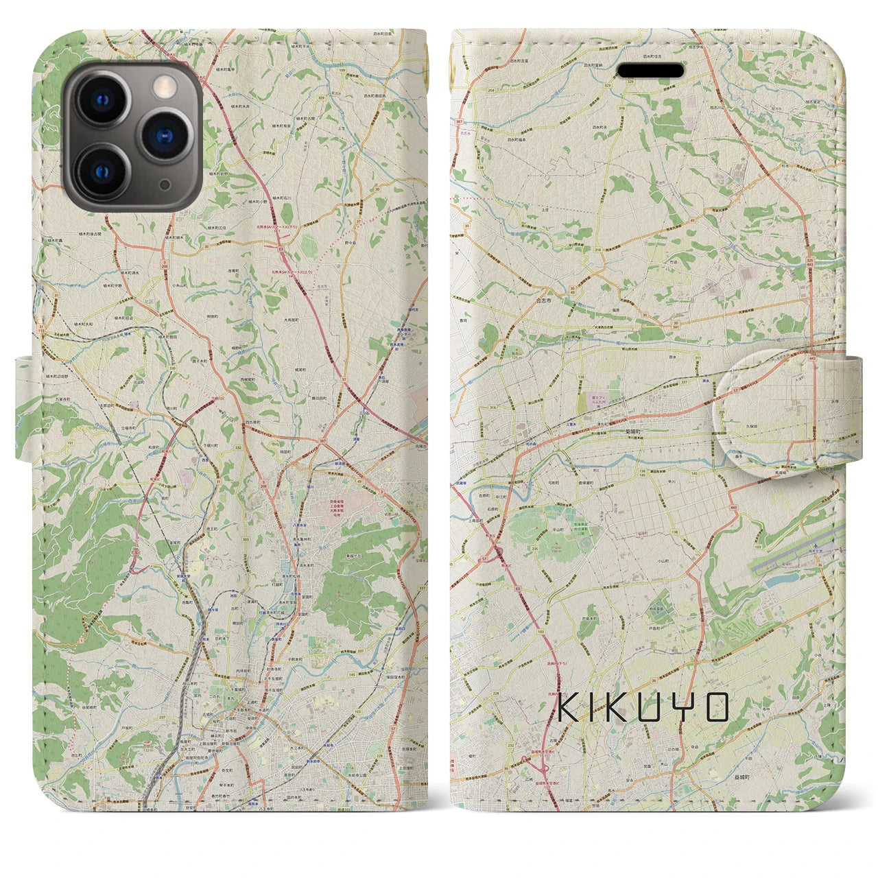 【菊陽(熊本県)】地図柄iPhoneケース(手帳タイプ)ナチュラル・iPhone 11 Pro Max 用