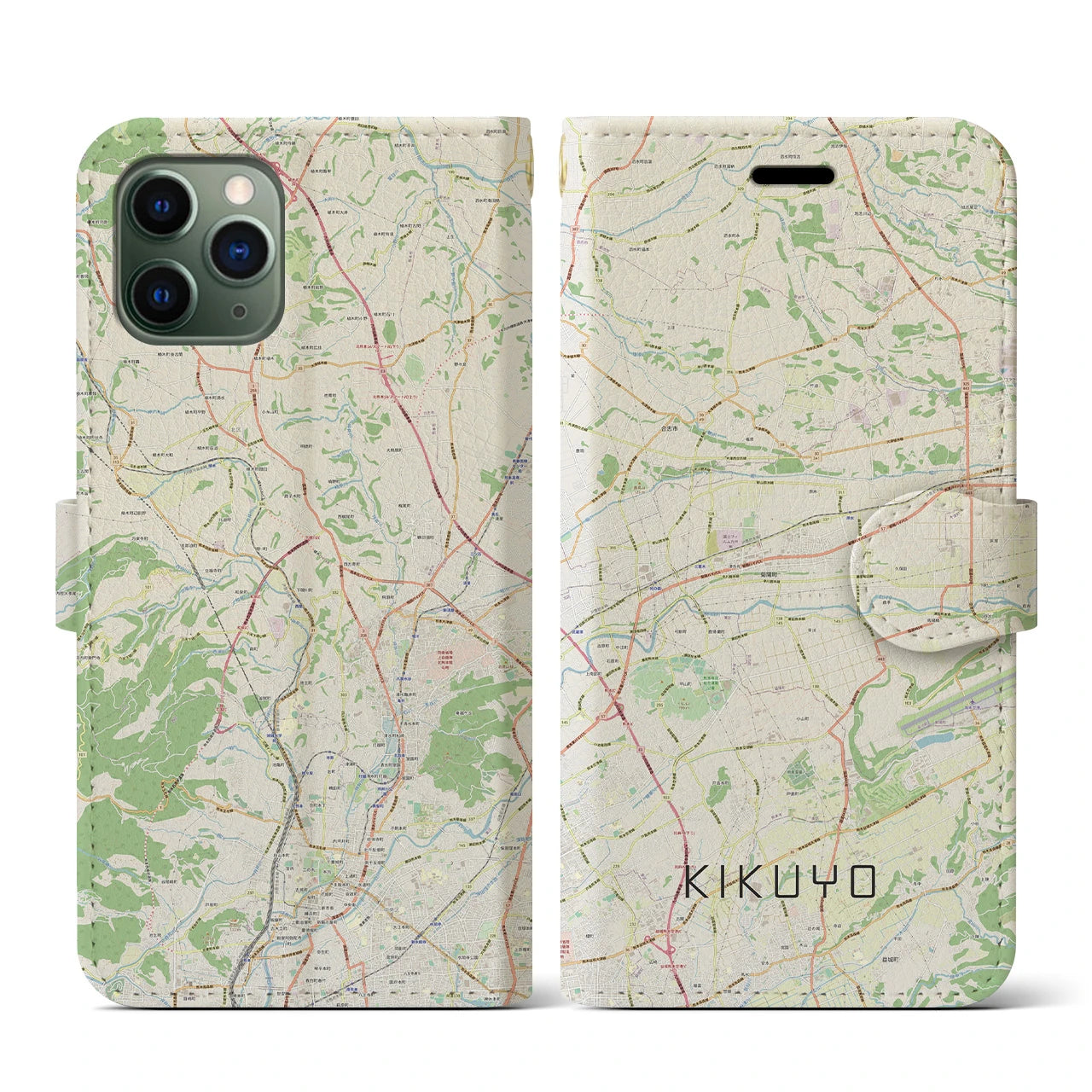 【菊陽(熊本県)】地図柄iPhoneケース(手帳タイプ)ナチュラル・iPhone 11 Pro 用