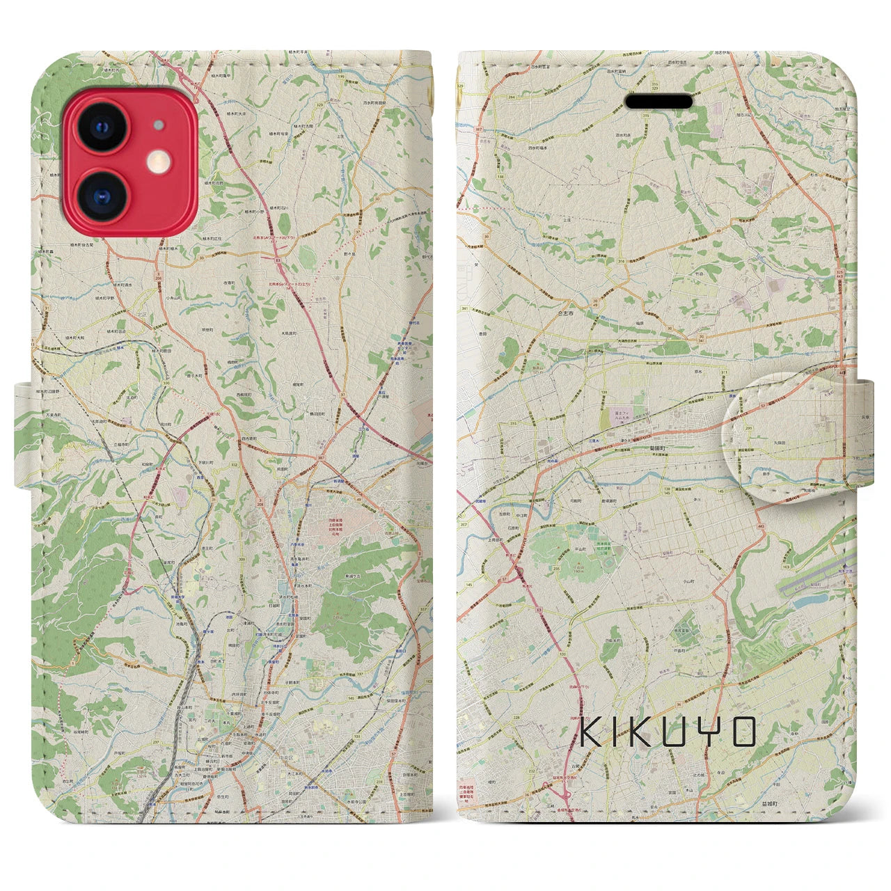 【菊陽(熊本県)】地図柄iPhoneケース(手帳タイプ)ナチュラル・iPhone 11 用