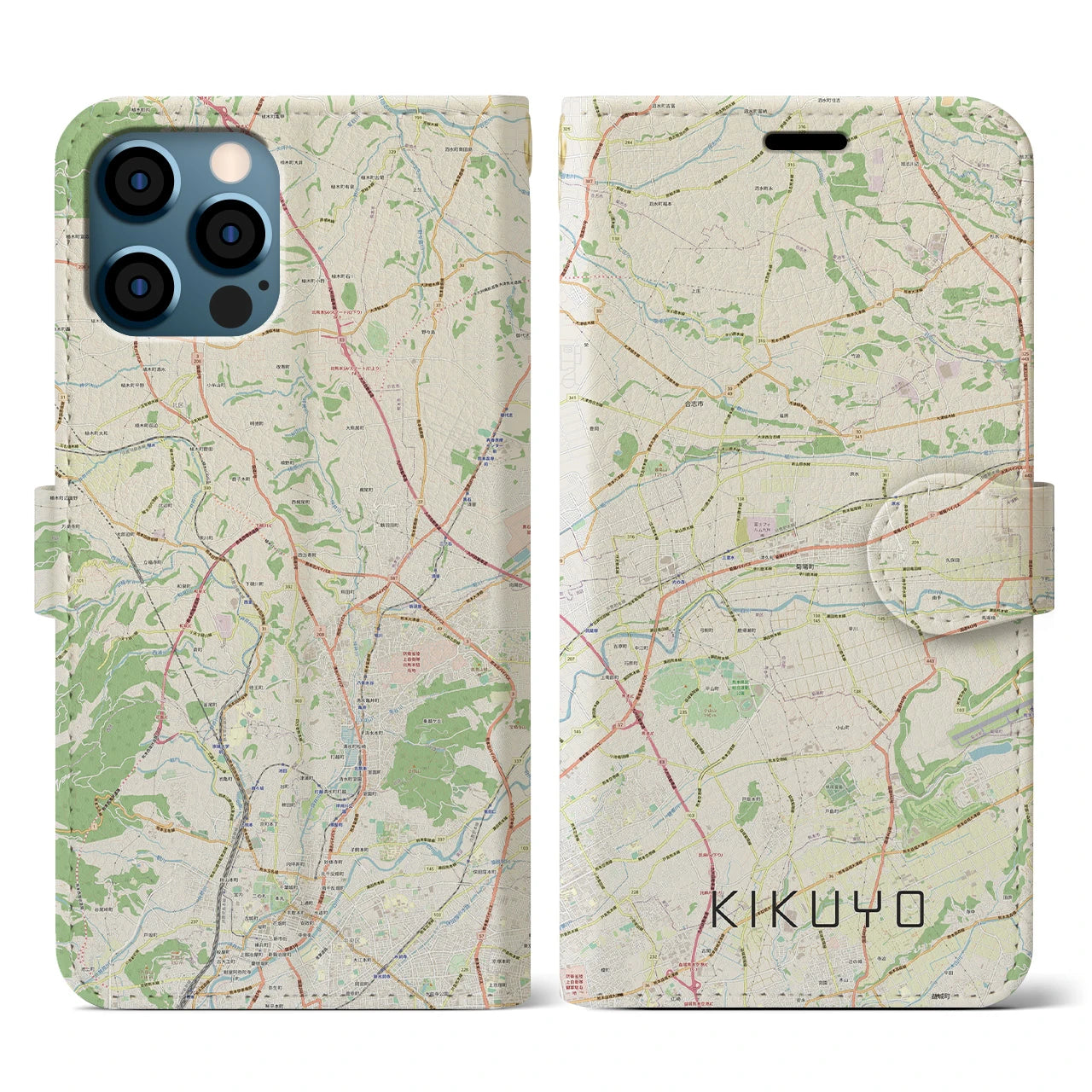 【菊陽(熊本県)】地図柄iPhoneケース(手帳タイプ)ナチュラル・iPhone 12 / 12 Pro 用