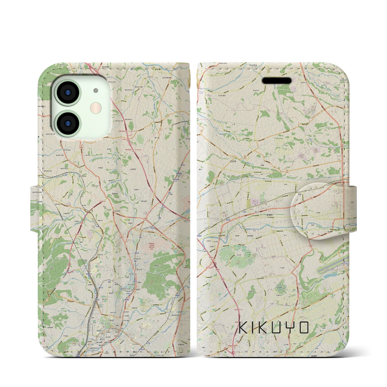 【菊陽(熊本県)】地図柄iPhoneケース(手帳タイプ)ナチュラル・iPhone 12 mini 用