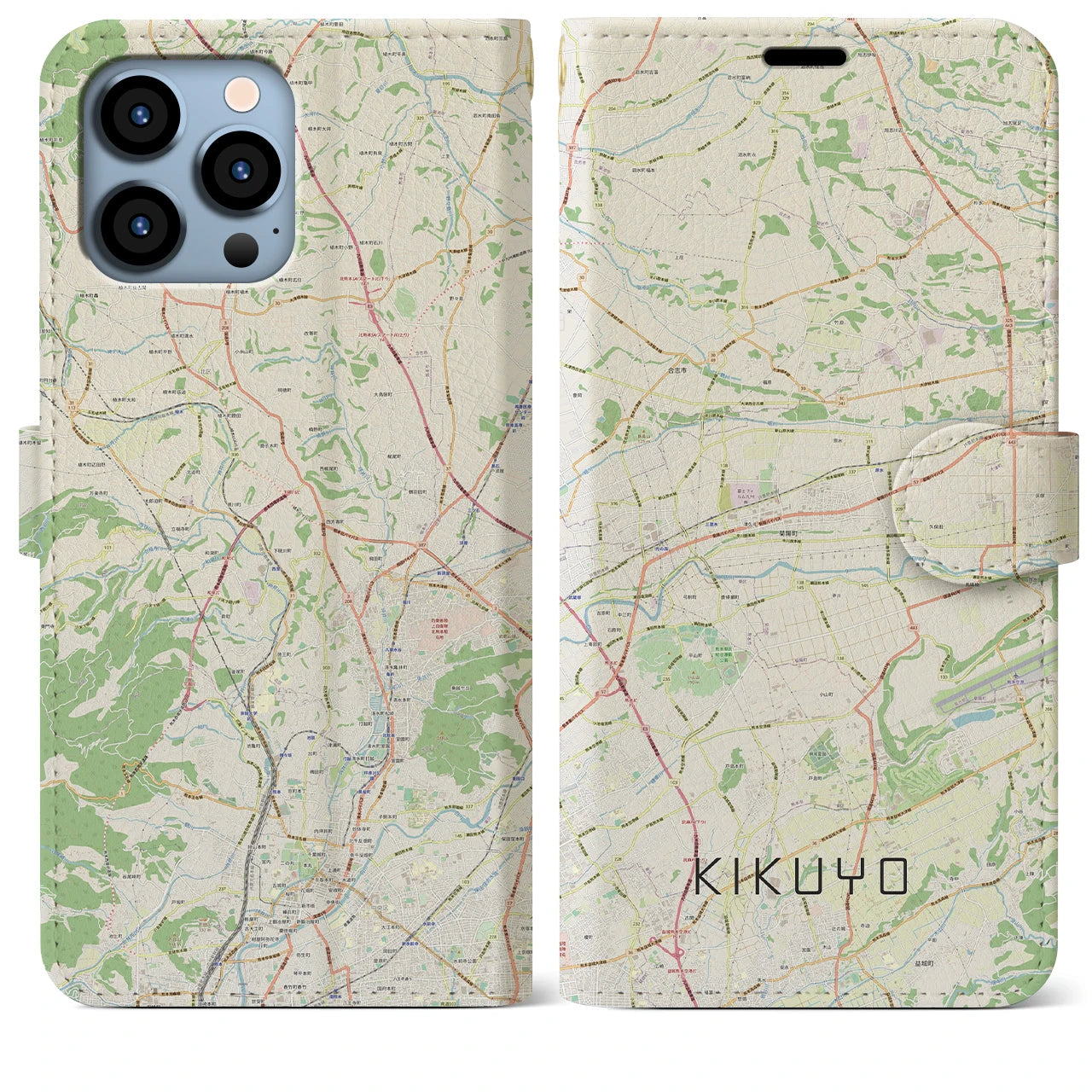 【菊陽(熊本県)】地図柄iPhoneケース(手帳タイプ)ナチュラル・iPhone 13 Pro Max 用