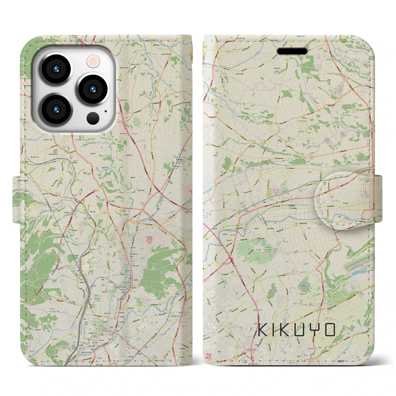 【菊陽(熊本県)】地図柄iPhoneケース(手帳タイプ)ナチュラル・iPhone 13 Pro 用