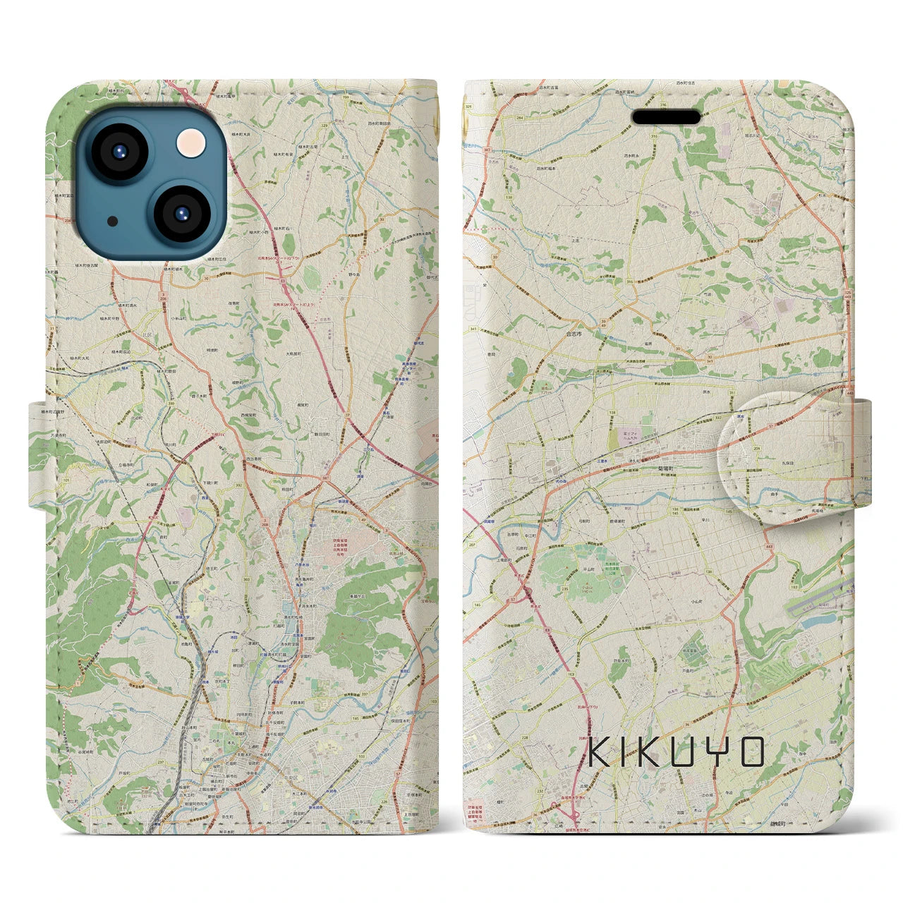 【菊陽(熊本県)】地図柄iPhoneケース(手帳タイプ)ナチュラル・iPhone 13 用