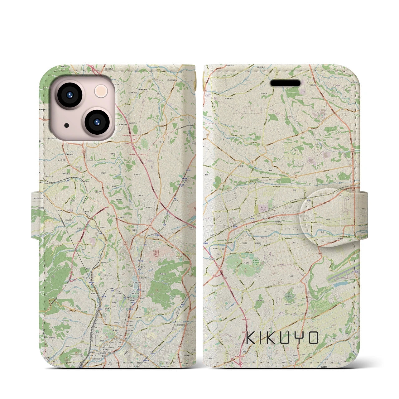 【菊陽(熊本県)】地図柄iPhoneケース(手帳タイプ)ナチュラル・iPhone 13 mini 用