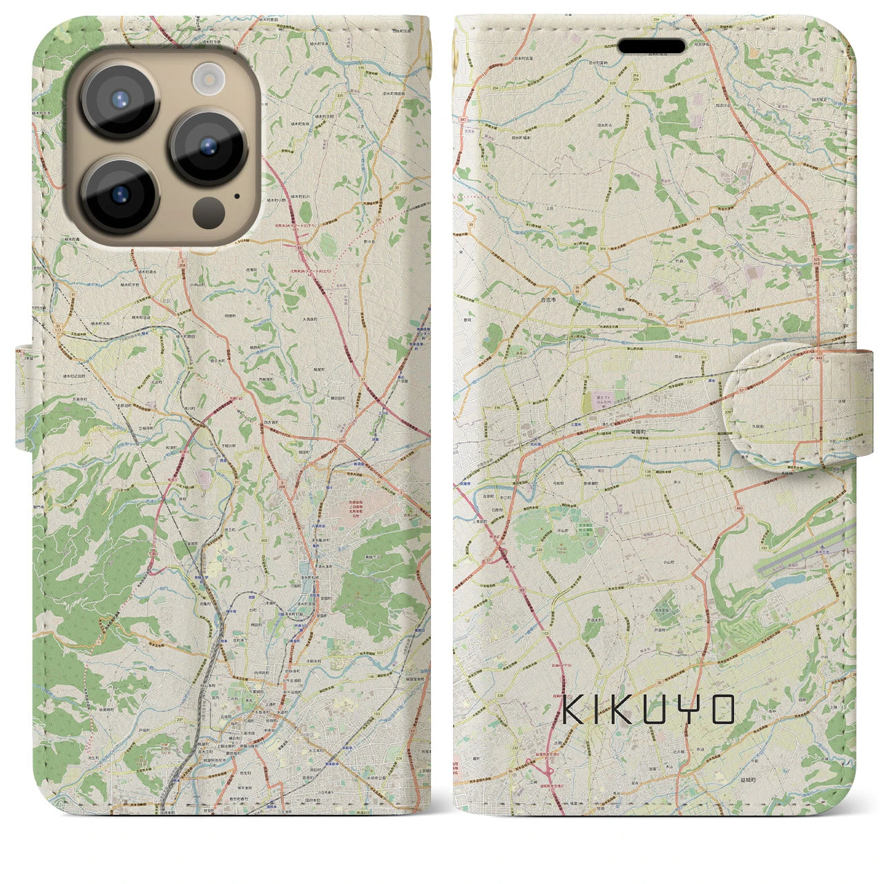 【菊陽(熊本県)】地図柄iPhoneケース(手帳タイプ)ナチュラル・iPhone 14 Pro Max 用