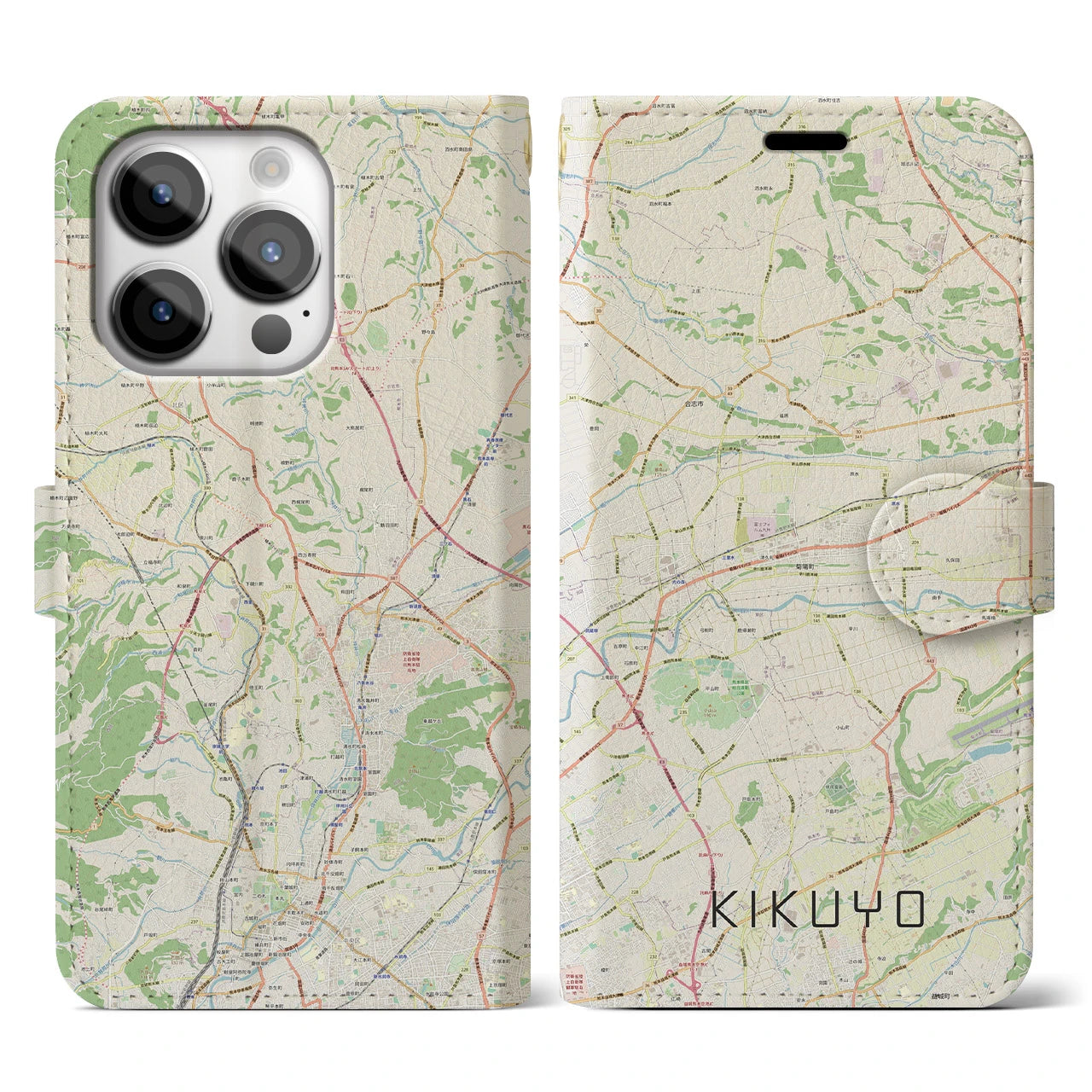 【菊陽(熊本県)】地図柄iPhoneケース(手帳タイプ)ナチュラル・iPhone 14 Pro 用