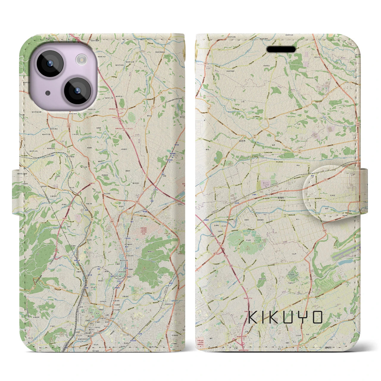 【菊陽(熊本県)】地図柄iPhoneケース(手帳タイプ)ナチュラル・iPhone 14 用