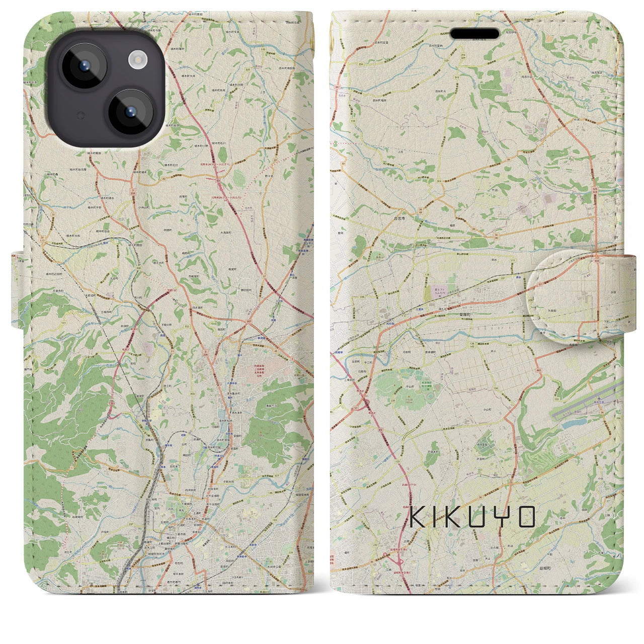 【菊陽(熊本県)】地図柄iPhoneケース(手帳タイプ)ナチュラル・iPhone 14 Plus 用
