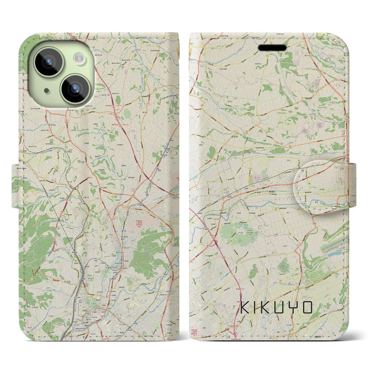 【菊陽(熊本県)】地図柄iPhoneケース(手帳タイプ)ナチュラル・iPhone 15 用