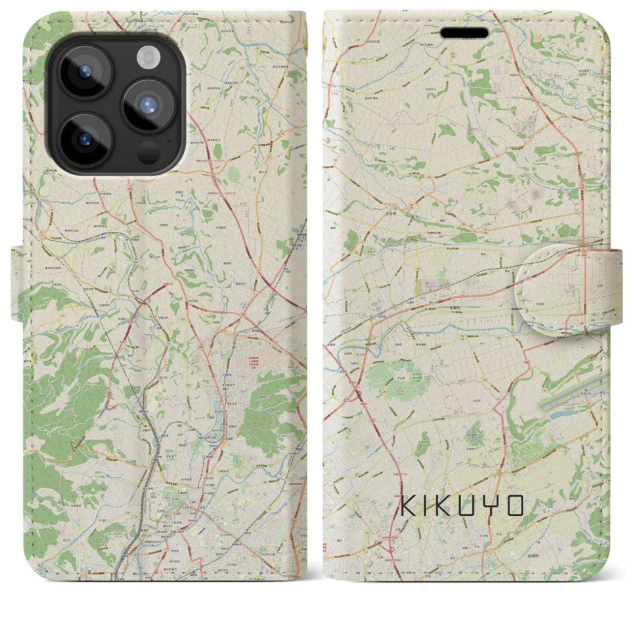 【菊陽(熊本県)】地図柄iPhoneケース(手帳タイプ)ナチュラル・iPhone 15 Pro Max 用