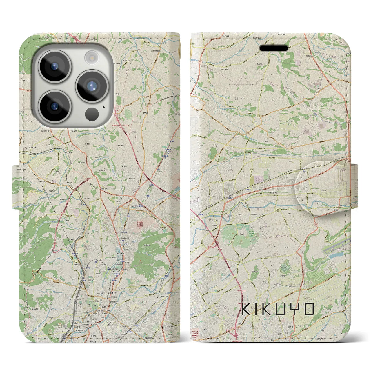【菊陽(熊本県)】地図柄iPhoneケース(手帳タイプ)ナチュラル・iPhone 15 Pro 用