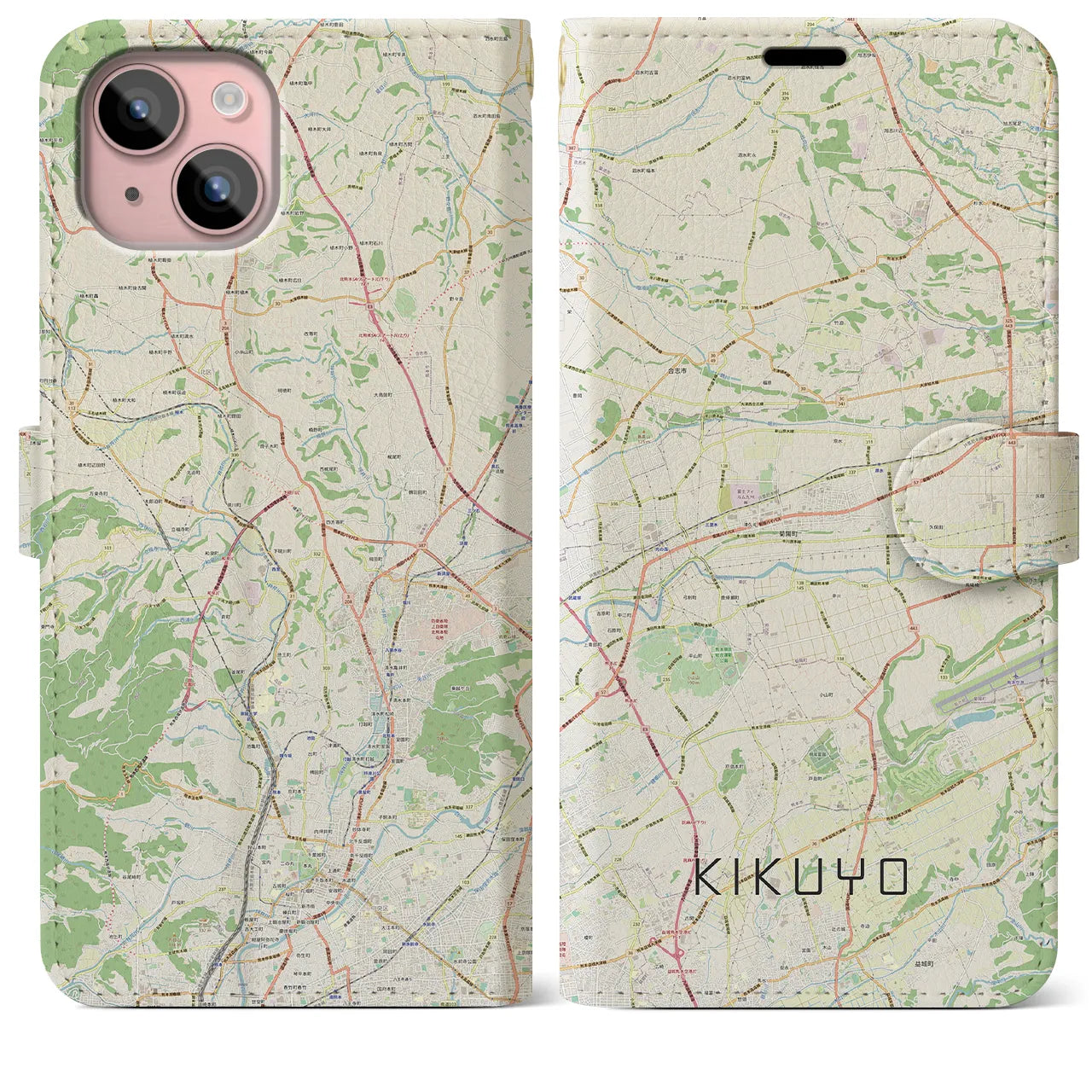 【菊陽(熊本県)】地図柄iPhoneケース(手帳タイプ)ナチュラル・iPhone 15 Plus 用