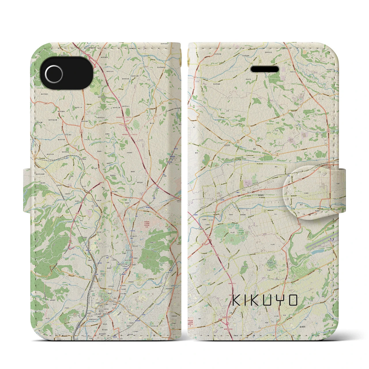 【菊陽(熊本県)】地図柄iPhoneケース(手帳タイプ)ナチュラル・iPhone SE(第3 / 第2世代) / 8 / 7 / 6s / 6 用