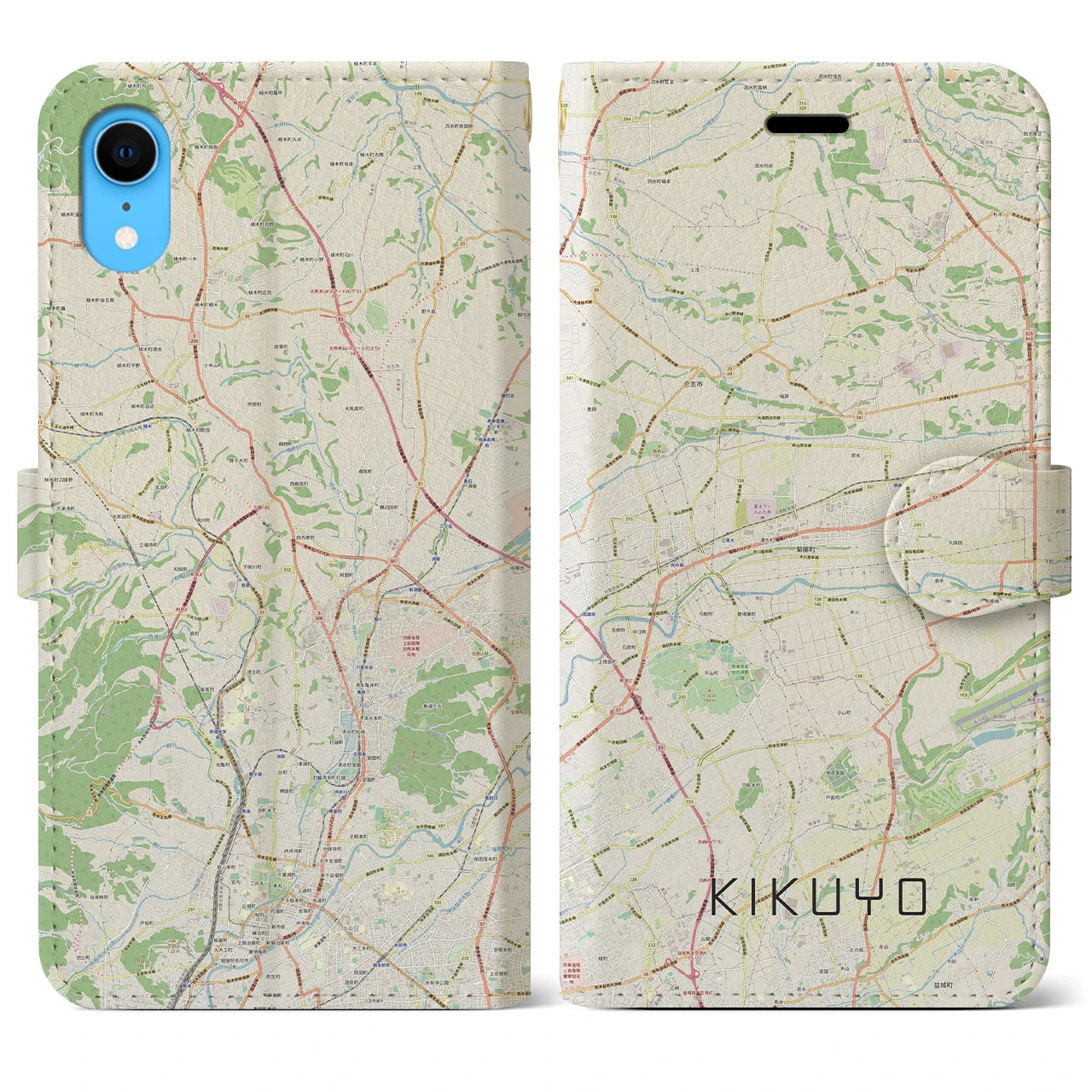【菊陽(熊本県)】地図柄iPhoneケース(手帳タイプ)ナチュラル・iPhone XR 用
