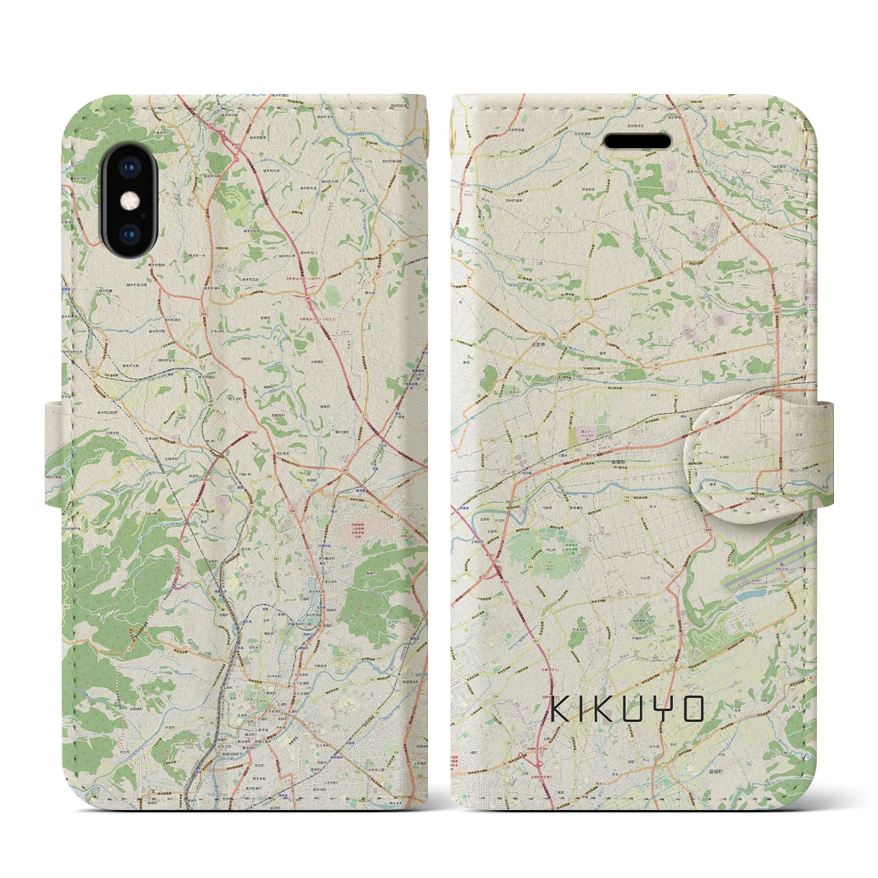 【菊陽(熊本県)】地図柄iPhoneケース(手帳タイプ)ナチュラル・iPhone XS / X 用