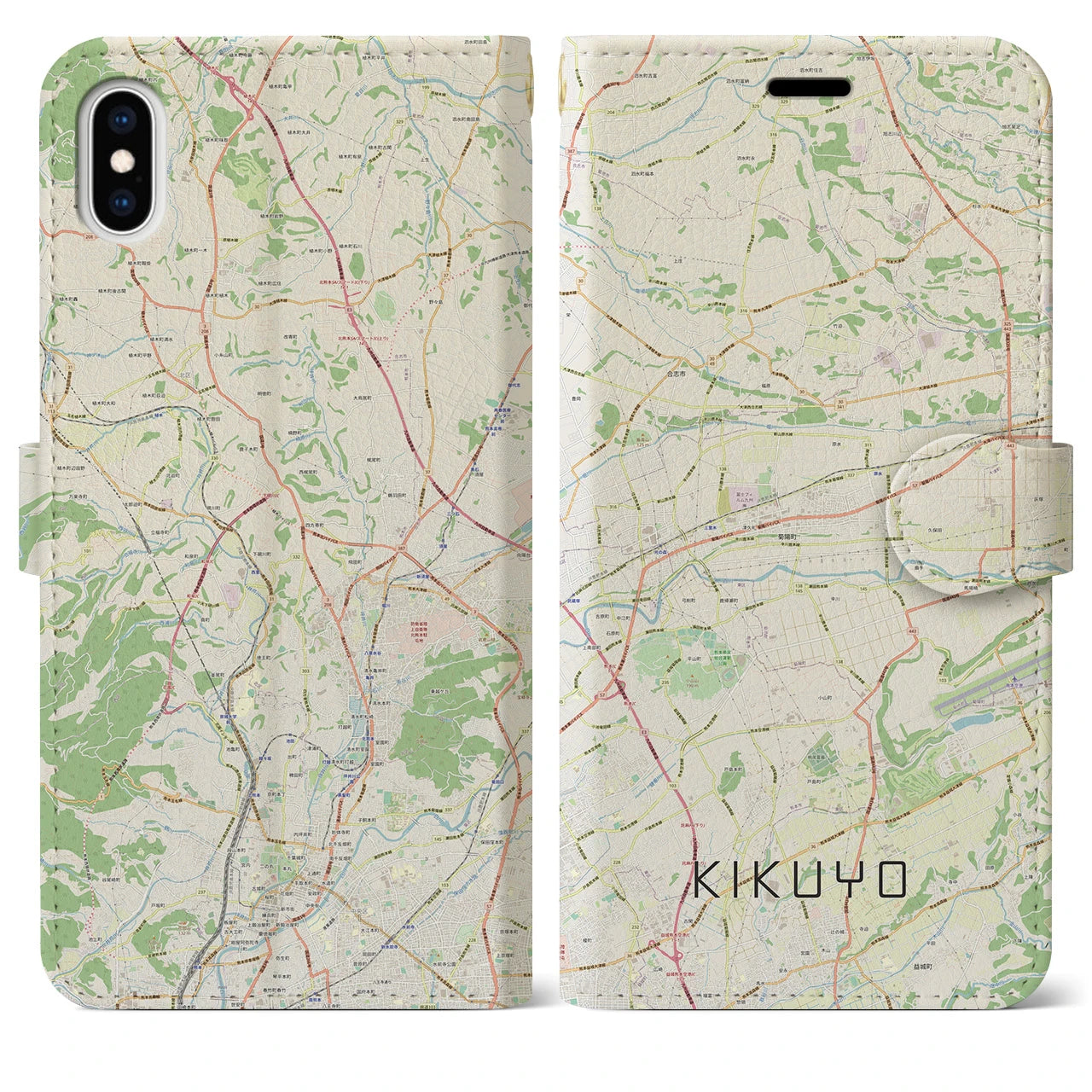 【菊陽(熊本県)】地図柄iPhoneケース(手帳タイプ)ナチュラル・iPhone XS Max 用