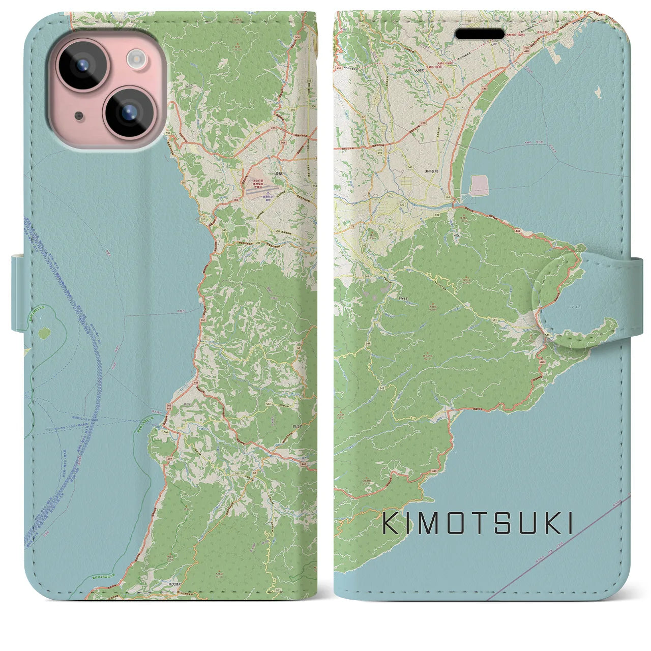 【肝付(鹿児島県)】地図柄iPhoneケース(手帳タイプ)ナチュラル・iPhone 15 Plus 用