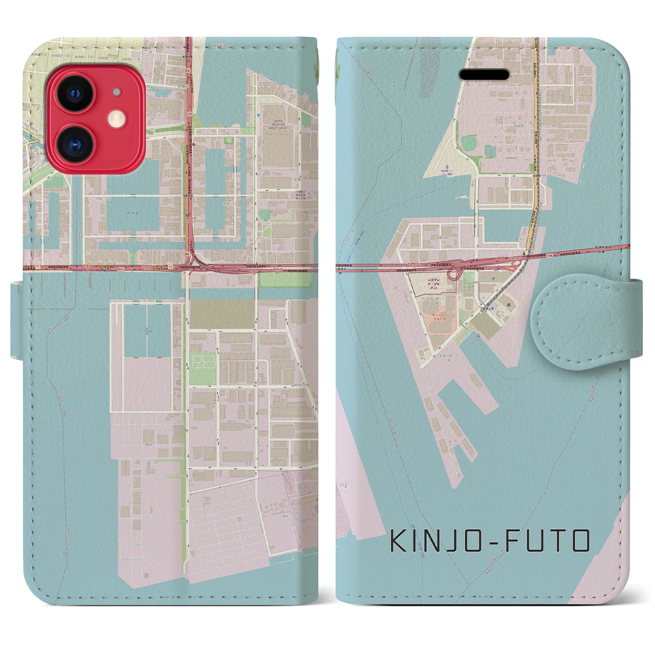 【金城ふ頭(愛知県)】地図柄iPhoneケース(手帳タイプ)ナチュラル・iPhone 11 用