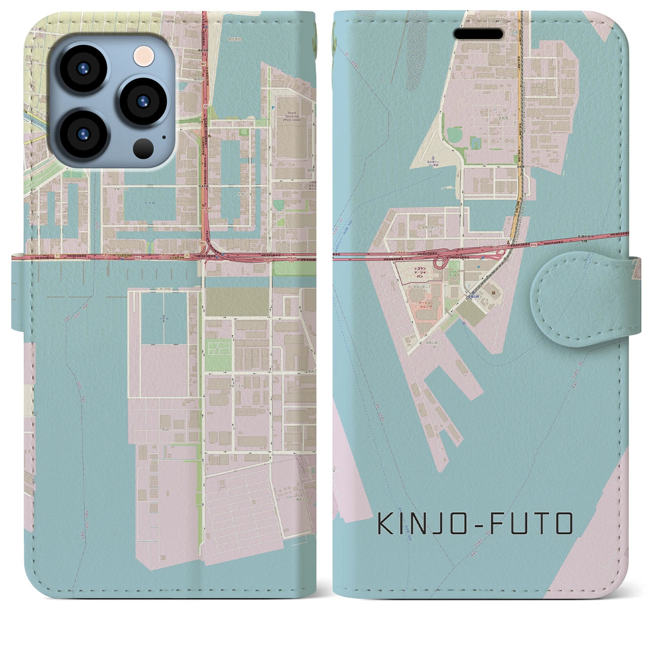 【金城ふ頭(愛知県)】地図柄iPhoneケース(手帳タイプ)ナチュラル・iPhone 13 Pro Max 用