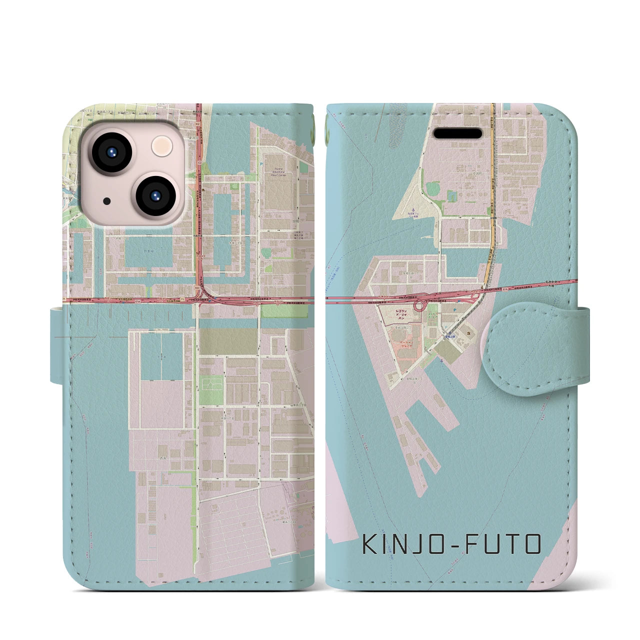 【金城ふ頭(愛知県)】地図柄iPhoneケース(手帳タイプ)ナチュラル・iPhone 13 mini 用