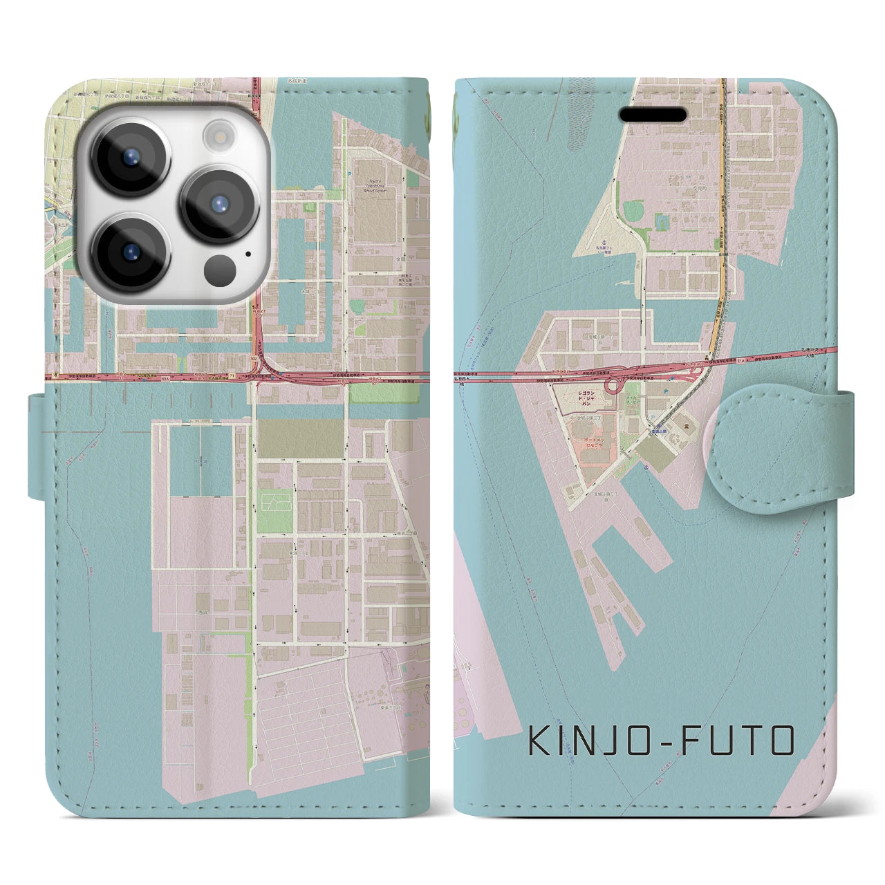 【金城ふ頭(愛知県)】地図柄iPhoneケース(手帳タイプ)ナチュラル・iPhone 14 Pro 用