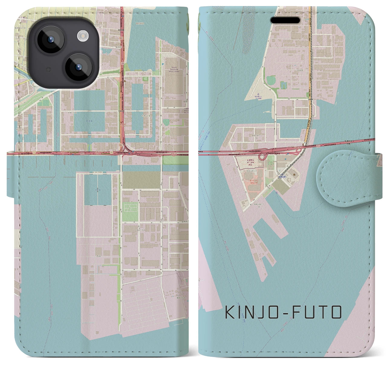 【金城ふ頭(愛知県)】地図柄iPhoneケース(手帳タイプ)ナチュラル・iPhone 14 Plus 用