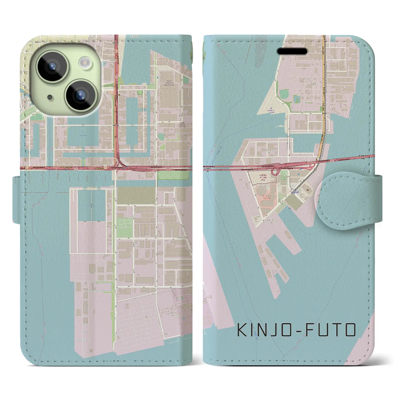 【金城ふ頭(愛知県)】地図柄iPhoneケース(手帳タイプ)ナチュラル・iPhone 15 用