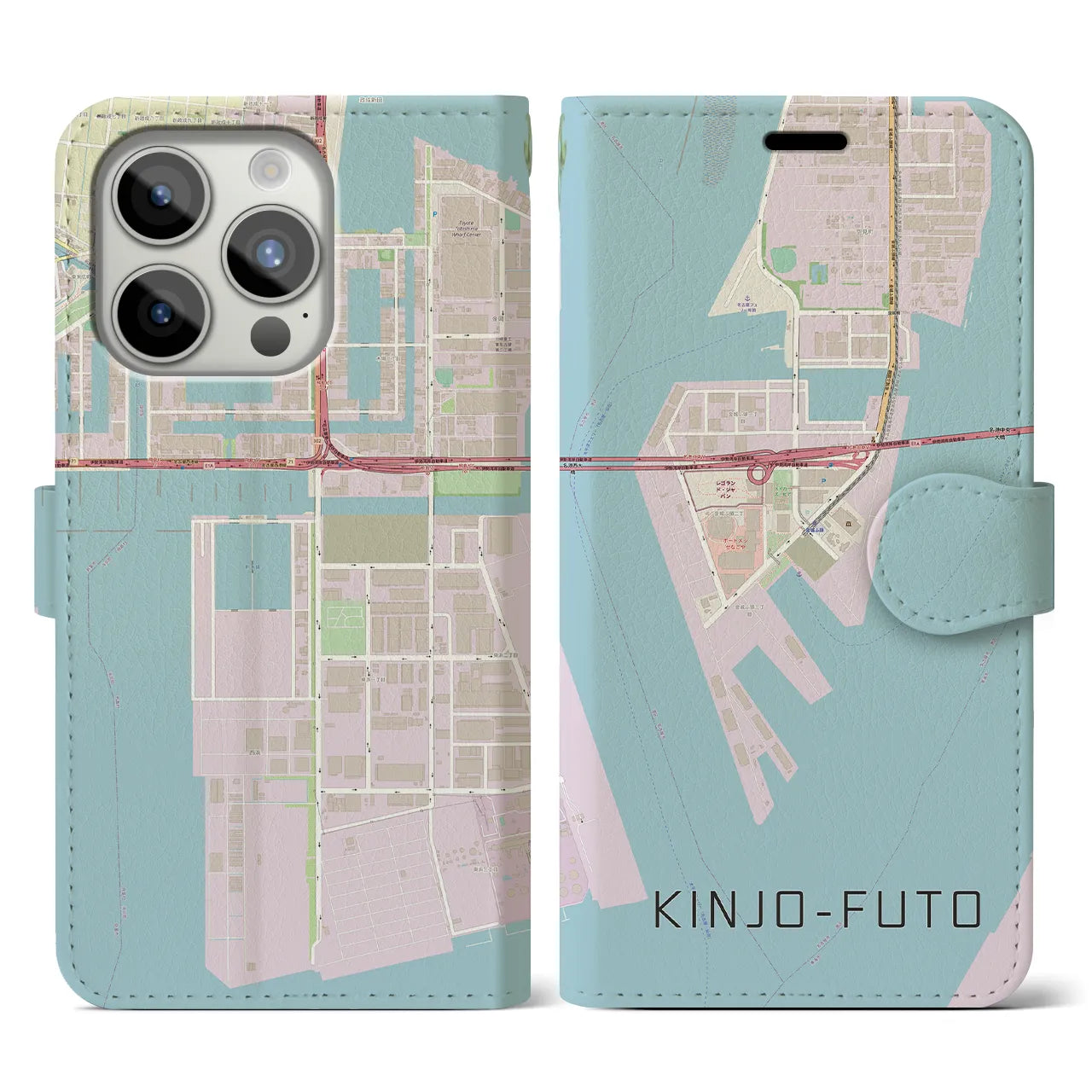 【金城ふ頭(愛知県)】地図柄iPhoneケース(手帳タイプ)ナチュラル・iPhone 15 Pro 用