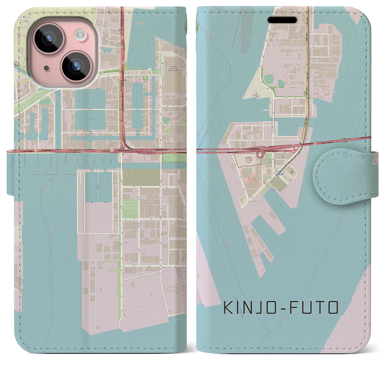 【金城ふ頭(愛知県)】地図柄iPhoneケース(手帳タイプ)ナチュラル・iPhone 15 Plus 用