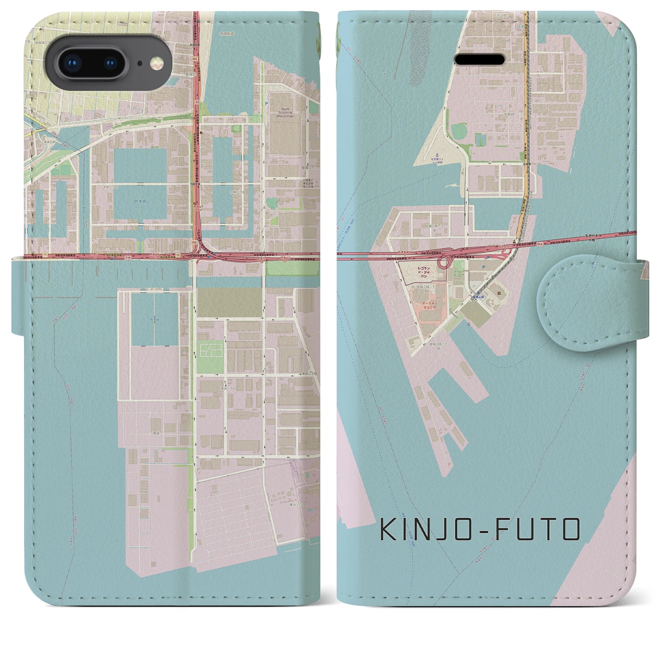 【金城ふ頭(愛知県)】地図柄iPhoneケース(手帳タイプ)ナチュラル・iPhone 8Plus /7Plus / 6sPlus / 6Plus 用