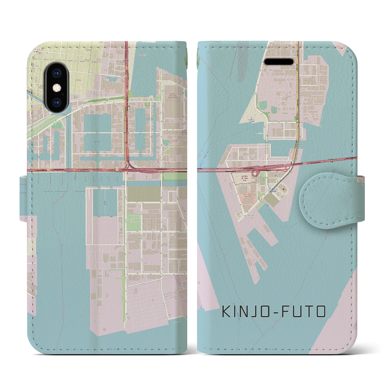 【金城ふ頭(愛知県)】地図柄iPhoneケース(手帳タイプ)ナチュラル・iPhone XS / X 用