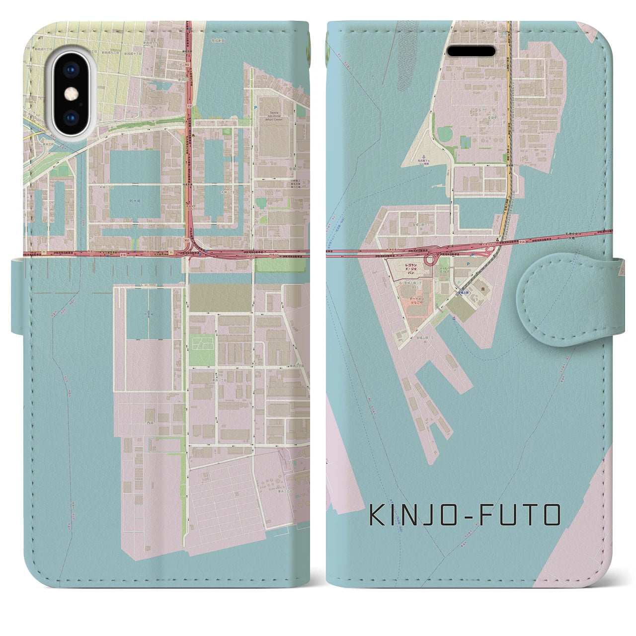 【金城ふ頭(愛知県)】地図柄iPhoneケース(手帳タイプ)ナチュラル・iPhone XS Max 用