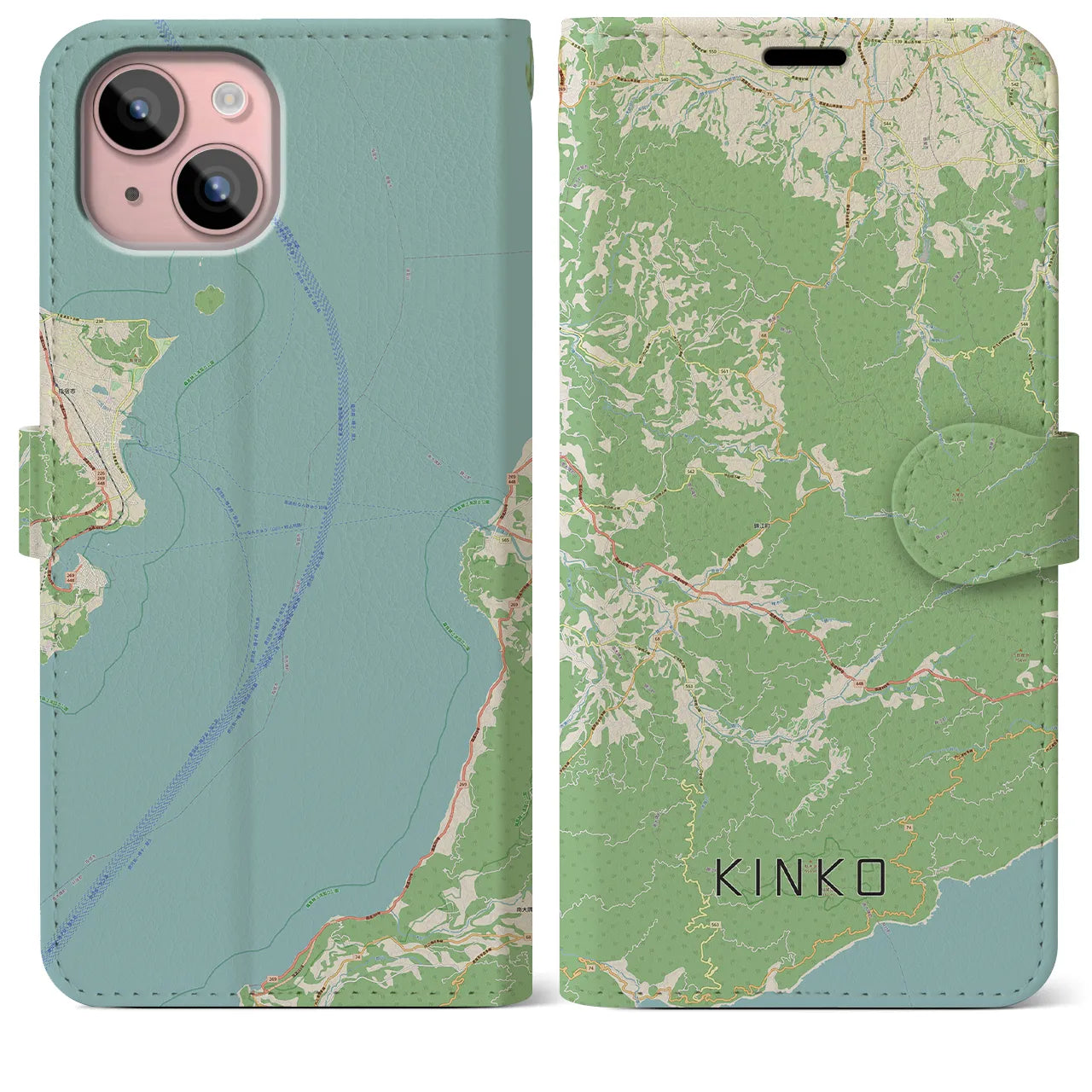 【錦江(鹿児島県)】地図柄iPhoneケース(手帳タイプ)ナチュラル・iPhone 15 Plus 用