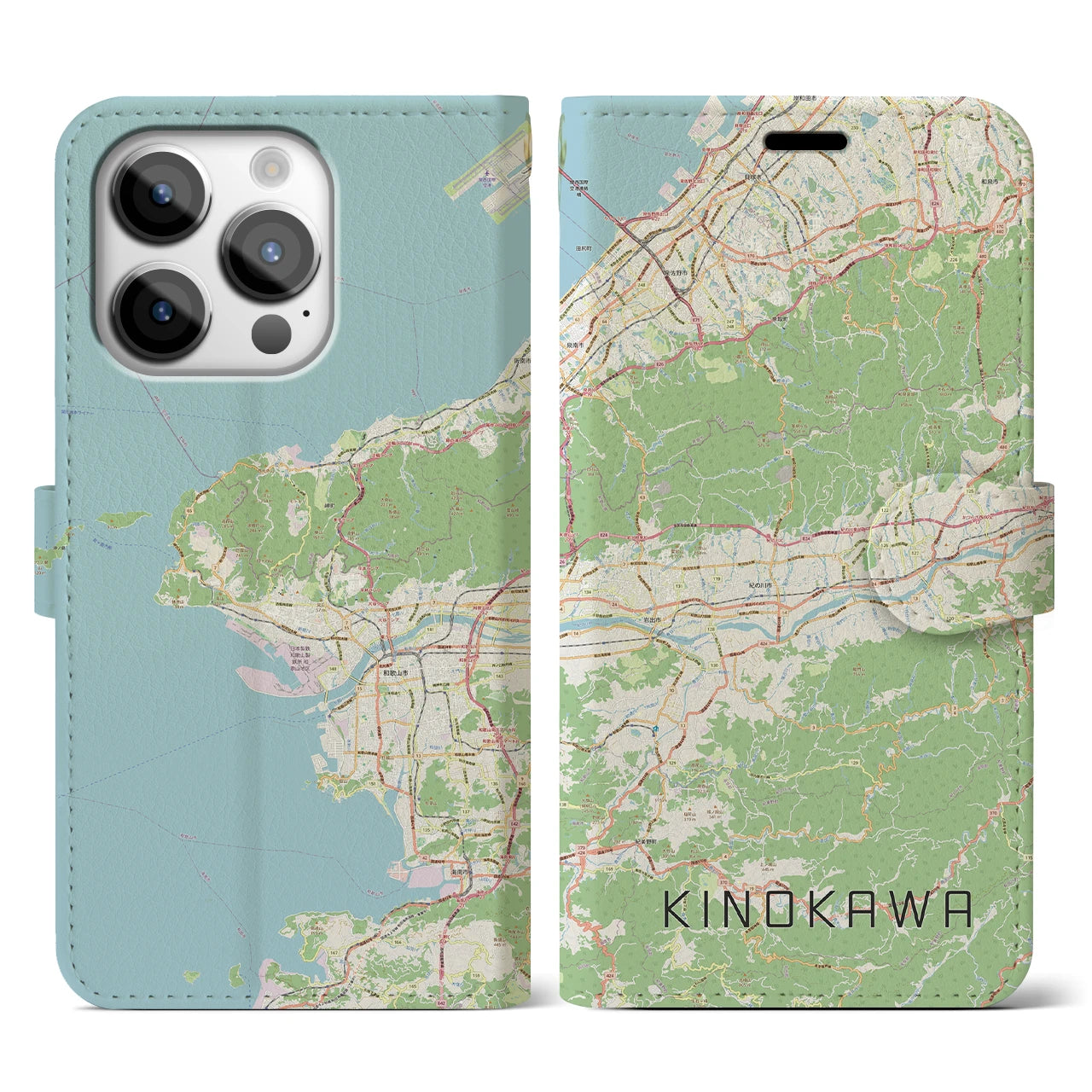 【紀の川(和歌山県)】地図柄iPhoneケース(手帳タイプ)ナチュラル・iPhone 14 Pro 用